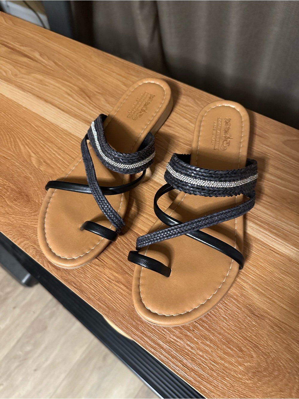 Neutral Tan Sandals with Black Braided Straps - Women